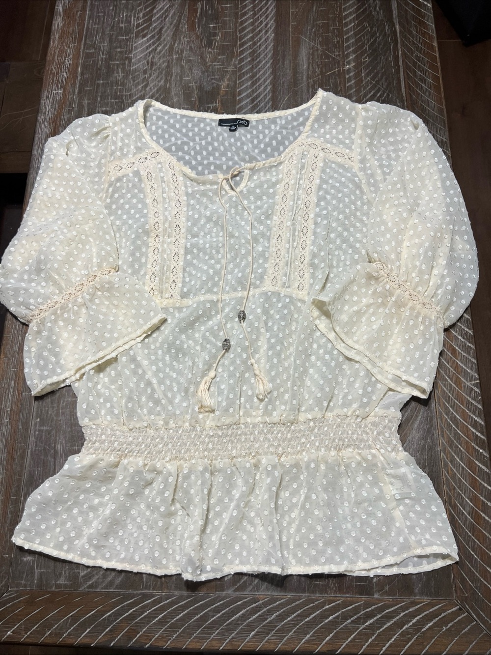 rxb Boho Peasant Style Tie-front Sheer Blouse With Dots And Lace Accent Sz XL